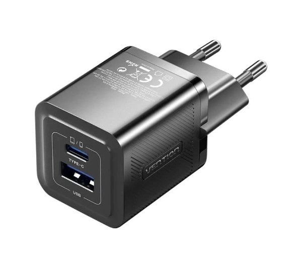 Vention 1x USB-A 1x USB-C GaN 30W Czarny