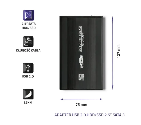 Qoltec 51856 HDD/SSD 2.5" SATA3 USB 2.0 Czarny