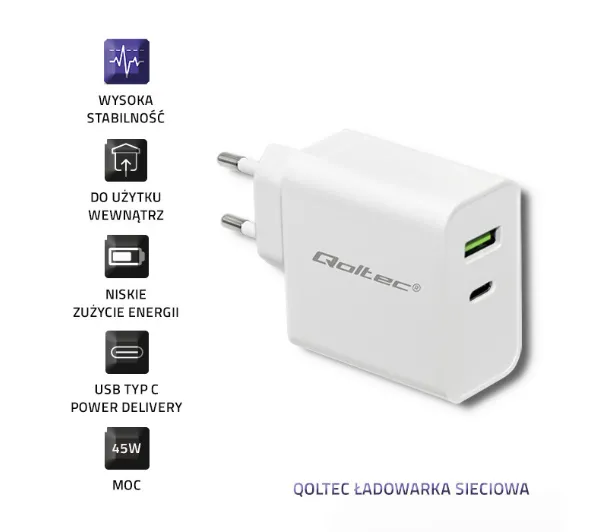 Qoltec 51718 USB-A USB-C 45W Biały