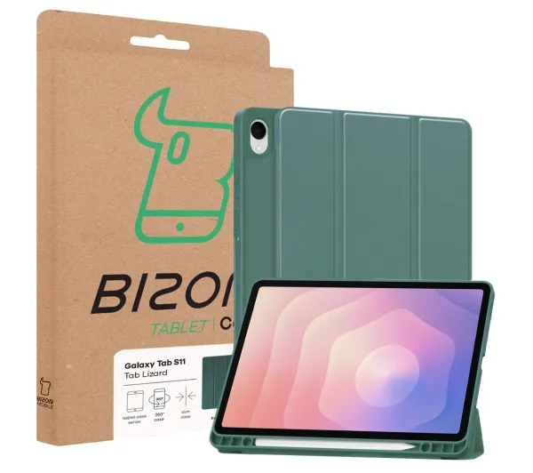Bizon Case Tab Lizard z klapką do Samsung Galaxy Tab S11 Ciemnozielony