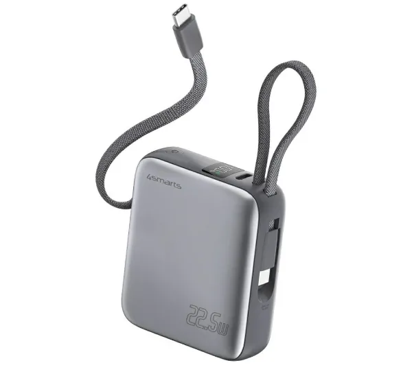4smarts Pocket Dual Cord 10000mAh 22,5W Wbudowany kabel USB-C Szary