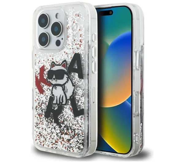 Karl Lagerfeld Liquid Glitter Choupette Logo do iPhone 16 Pro Przezroczysty