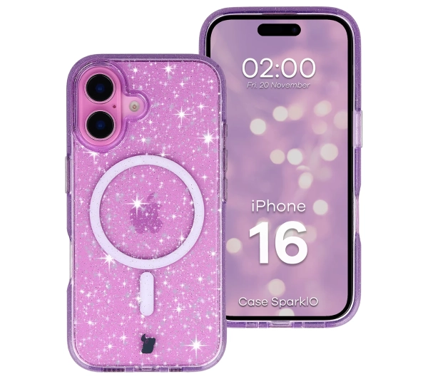 Bizon Case SparklO do iPhone 16 Przezroczysto-Fioletowe Z Brokatem