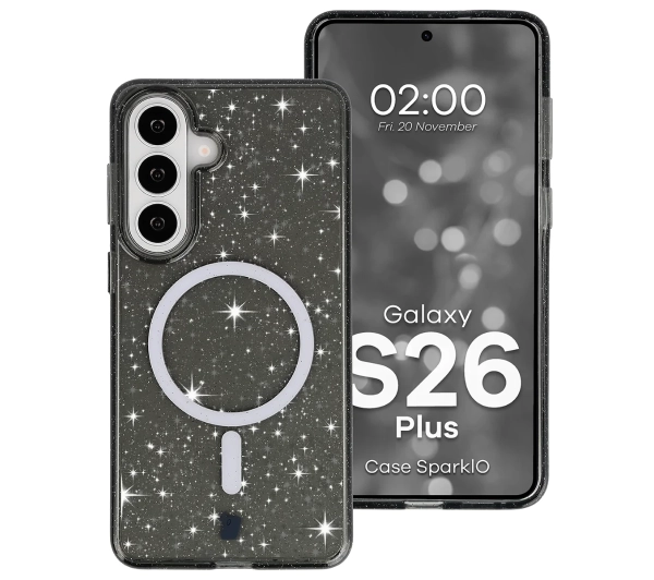 Bizon Case SparklO do Galaxy S26 Plus Przezroczysto-Czarne z Brokatem