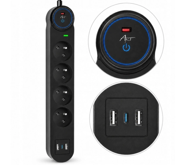 ART FU810 2x USB-A USB-C 4 gniazda 1,5m Czarny