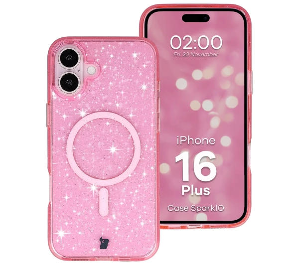 Bizon Case SparklO do iPhone 16 Plus Przezroczysto-Różowe Z Brokatem