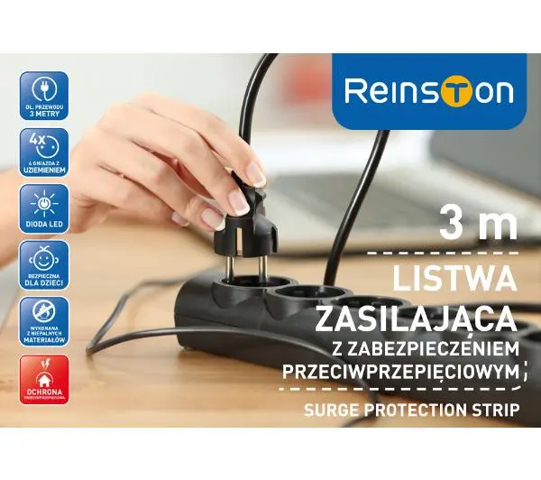 Reinston ALZ008 4 gniazda 3m Czarny