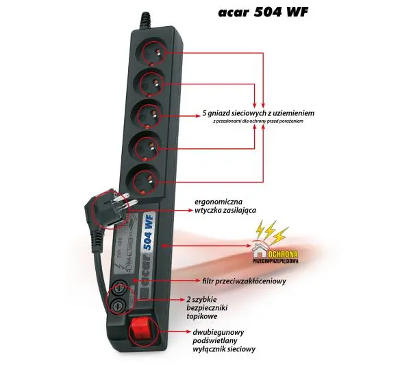 Acar 504 WF 5 gniazd 5m Czarny