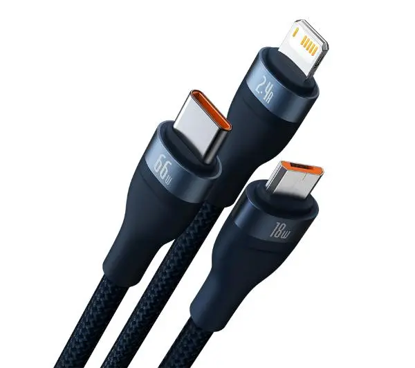 Baseus USB 3w1 Flash Series USB-C + micro USB + Lightning 66W 1,2m Niebieski - ⚡ EURO HIT CENOWY! ⚡