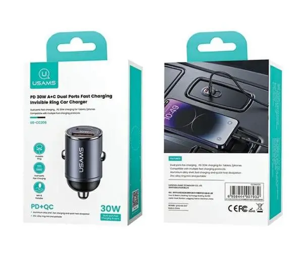 USAMS 1xUSB+1xUSB-C C38 30W PD Fast Charge Stalowy