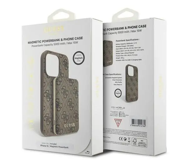 Guess Zestaw do iPhone 15 + Powerbank 5000mAh MagSafe 4G Metal Logo Brązowy - TRZECI -55%, ALBO 5-TY ZA 1ZŁ