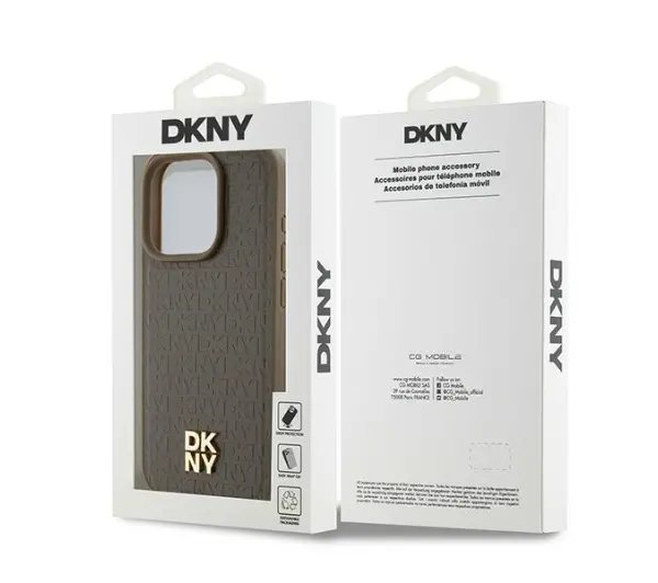 DKNY Leather Monogram Pattern Metal Logo MagSafe do iPhone 15 Pro Brązowy
