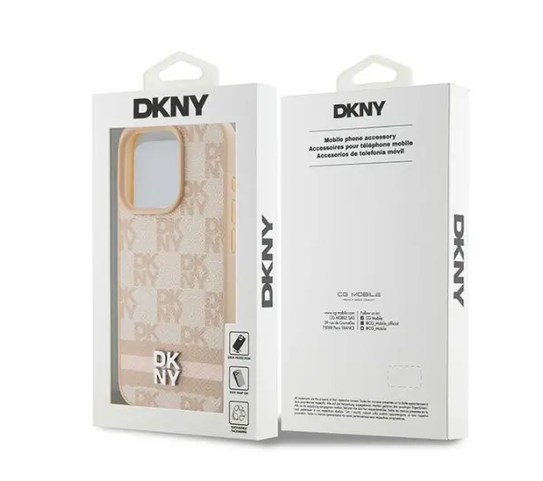 DKNY Leather Checkered Mono Pattern & Printed Stripes do iPhone 15 Pro Max Różowy