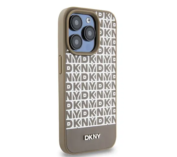 DKNY Leather Printed Pattern Metal Logo MagSafe do iPhone 15 Pro Brązowy