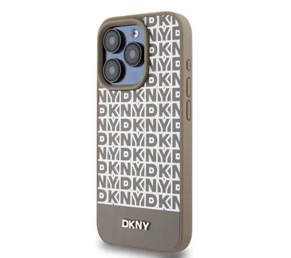 DKNY Leather Printed Pattern Metal Logo MagSafe do iPhone 15 Pro Brązowy