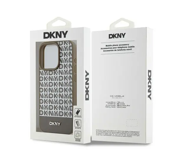 DKNY Leather Printed Pattern Metal Logo MagSafe do iPhone 15 Pro Brązowy