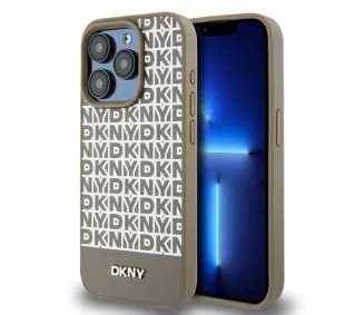 DKNY Leather Printed Pattern Metal Logo MagSafe do iPhone 15 Pro Brązowy