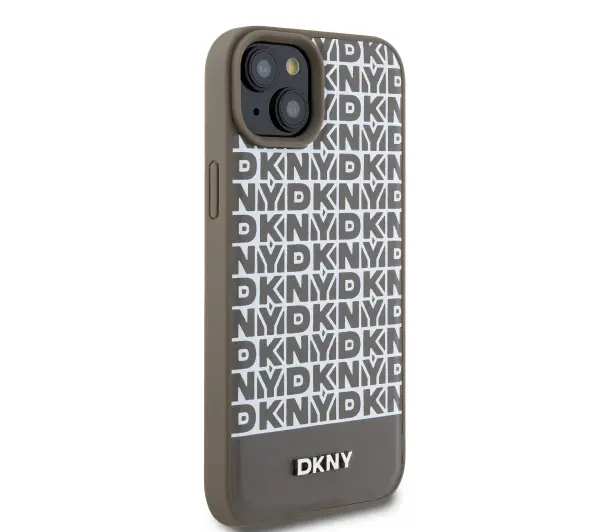 DKNY Leather Printed Pattern Metal Logo MagSafe do iPhone 15 Brązowy