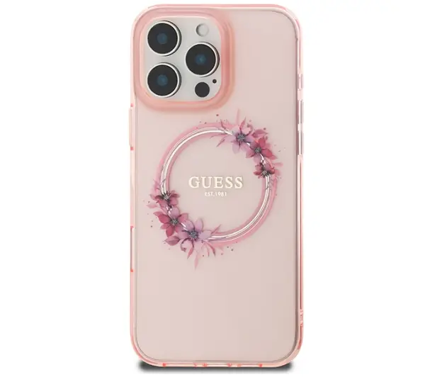Guess IML Flowers Wreath MagSafe do iPhone 16 Pro Max Różowy