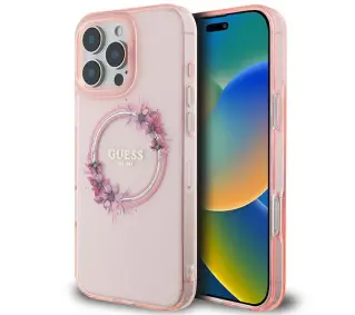 Guess IML Flowers Wreath MagSafe do iPhone 16 Pro Max Różowy