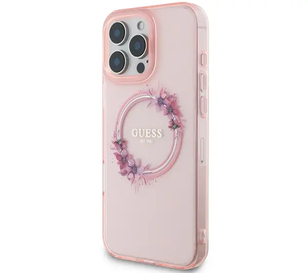 Guess IML Flowers Wreath MagSafe do iPhone 16 Pro Max Różowy