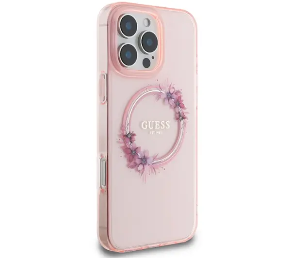 Guess IML Flowers Wreath MagSafe do iPhone 16 Pro Max Różowy