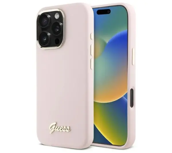 Guess Silicone Script Metal Logo & Frame do iPhone 16 Pro Max Różowy