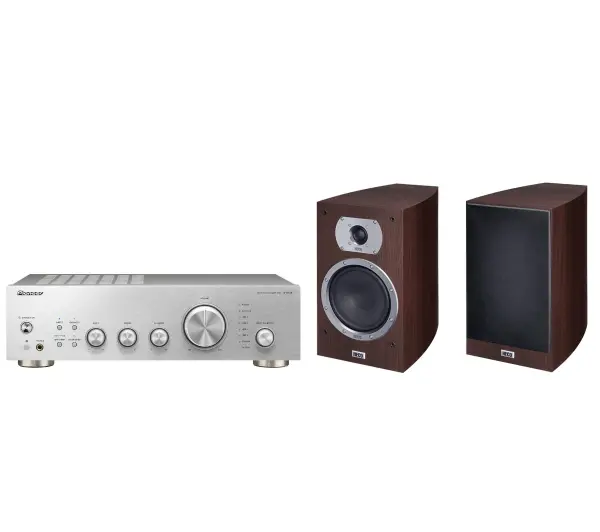 Pioneer A-40AE Srebrny, Heco Victa Prime 302 Espresso