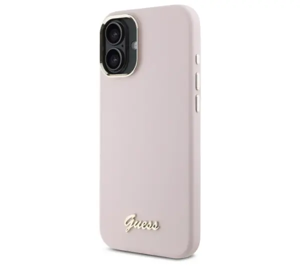 Guess Silicone Script Metal Logo & Frame do iPhone 16 Plus Różowy