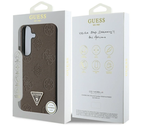 Guess Grained Hot Stamp Peony Pattern Triangle Logo MagSafe do Galaxy S25 Brązowy