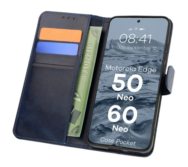 Bizon z klapką Pocket do Motorola Edge 50 Neo/60 Neo Granatowy