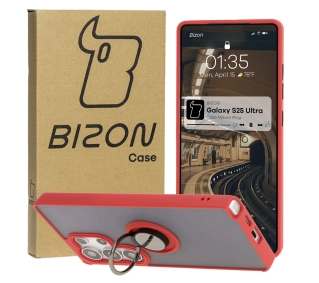 Bizon z uchwytem na palec Hybrid Ring do Galaxy S25 Ultra Przydymione z czerwoną ramką