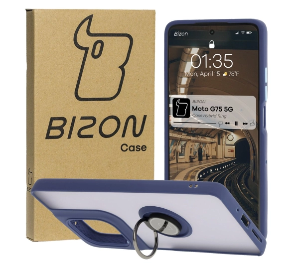 Bizon z uchwytem na palec Hybrid Ring do Motorola Moto G75 5G Przydymione z granatową ramką