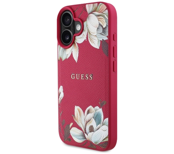 Guess Grained Printed Flower Pattern MagSafe do iPhone 16 Fuksja