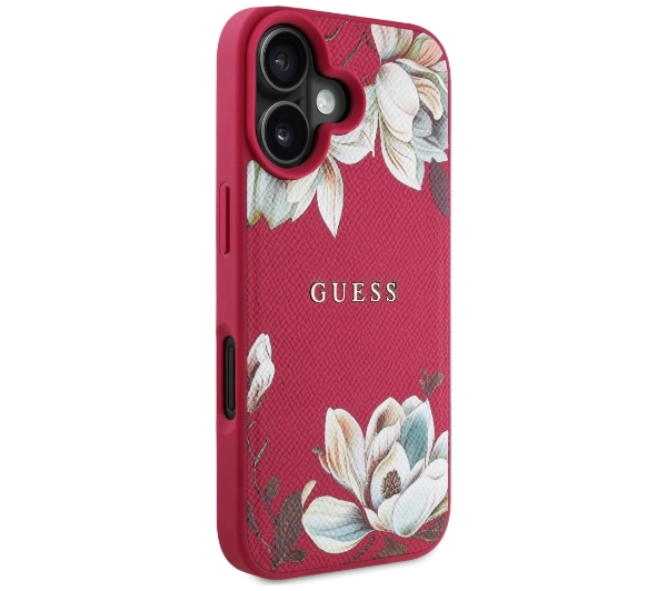 Guess Grained Printed Flower Pattern MagSafe do iPhone 16 Fuksja