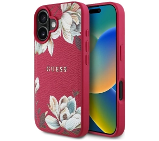 Guess Grained Printed Flower Pattern MagSafe do iPhone 16 Fuksja