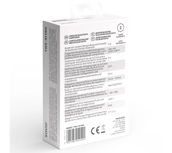 Savio TWS-01 PRO Douszne Bluetooth 5.4 Biały