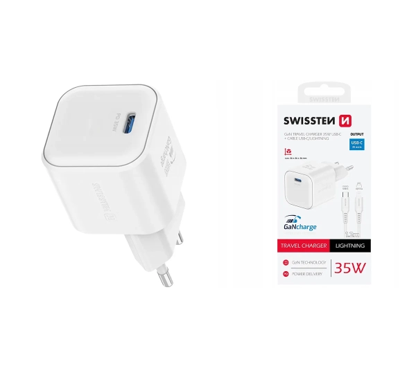 Swissten 22070240 GaN 1x USB-C - Lightning 35W Power Delivery Biały