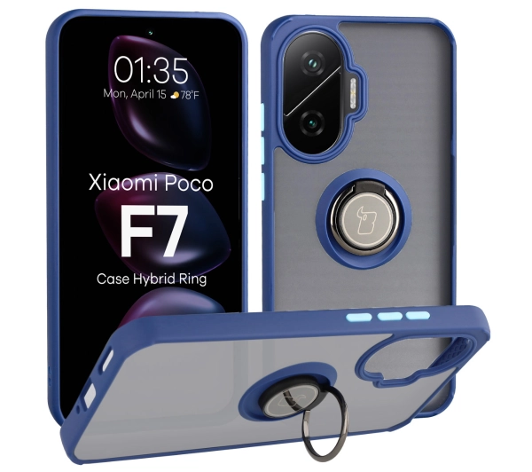 Bizon z uchwytem na palec Hybrid Ring do Xiaomi POCO F7 Przydymione z niebieską ramką