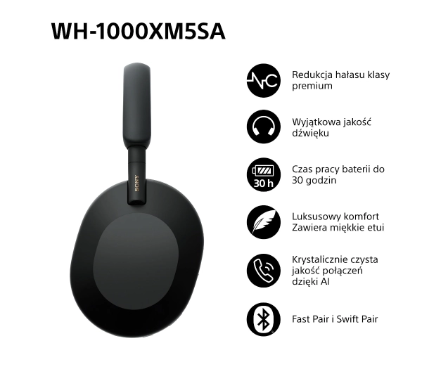 Sony WH-1000XM5SA ANC (Miękki futerał) Nauszne Bluetooth 5.2 Czarny - ⚡ BESTSELLERY ⚡ - Kup na Raty - RRSO 0%