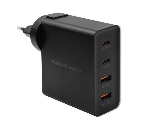 Qoltec 52383 Power Pro GaN 2x USB-A 2x USB-C 130W Czarny