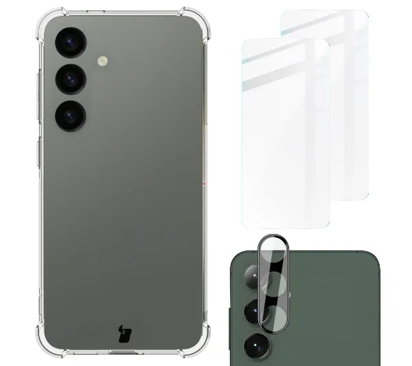 Bizon elastyczne etui + 2x szkło hartowane + szkło na aparat Clear Pack do Samsung Galaxy S24
