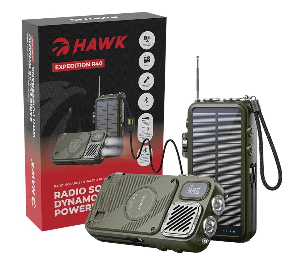 Hawk R40 Na korbkę, Solarne, Latarka, Radio FM Bluetooth Zielony