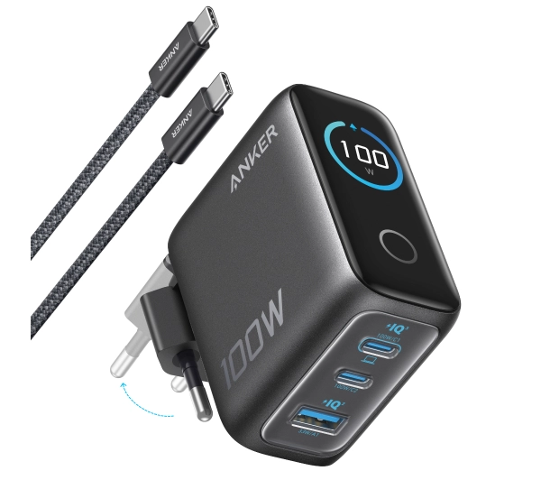 Anker 100W (B121BGZ1) 2x USB-C, 1x USB-A, Kolorowy wyświetlacz, Kabel w zestawie, Czarny