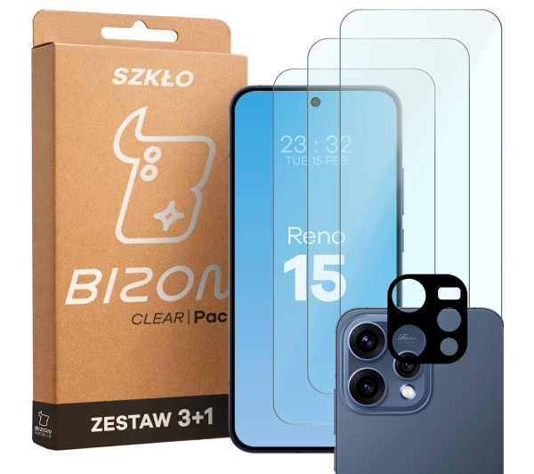 Bizon Szkło + szybka na aparat Glass Clear Pack do Oppo Reno 15 3 sztuki