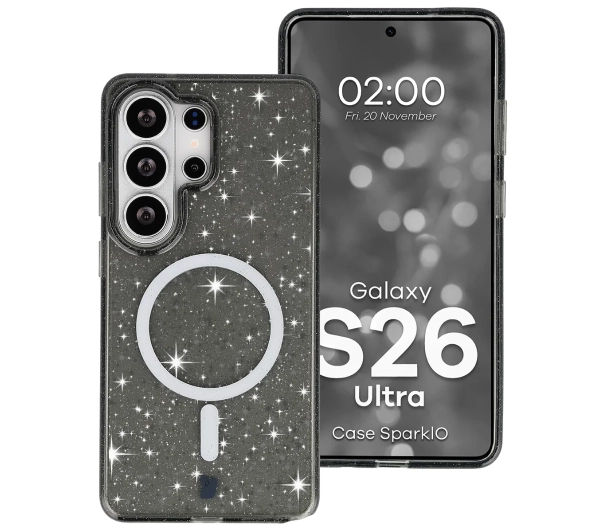 Bizon Case SparklO do Galaxy S26 Ultra Przezroczysto-Czarne z Brokatem