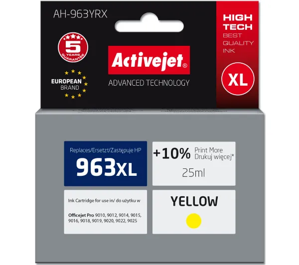 Activejet AH-963YRX Tusz do drukarek HP, Zamiennik HP 963XL 3JA29AE; Premium; 1760 stron; 25 ml, żółty