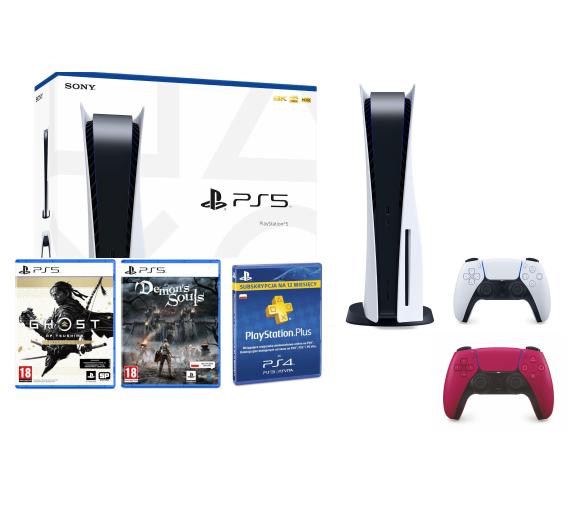 konsola PlayStation 5 Sony PlayStation 5 + Ghost of Tsushima + Demon's Souls Remake + subskrypcja PS Plus 12 m-ce + dodatkowy pad (czerwony)