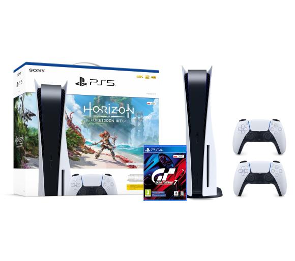 konsola PS5 Sony PlayStation 5 (PS5) + Horizon Forbidden West + Gran Turismo 7 + dodatkowy pad (biały)