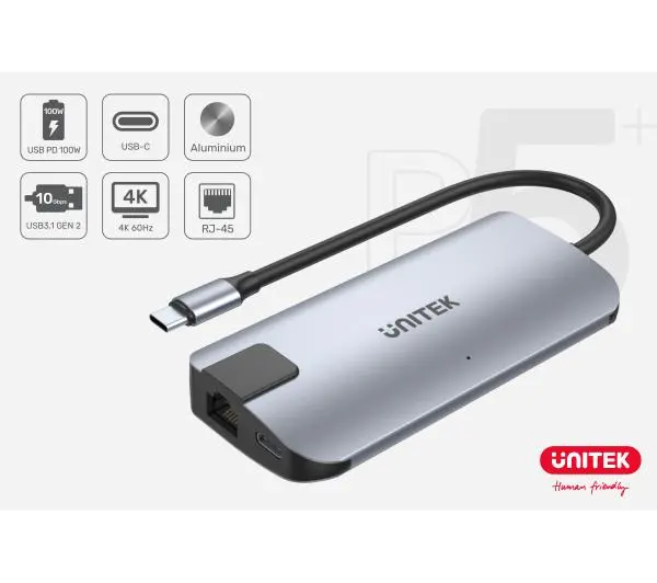 Unitek D1028A, USB-C, 2x USB-A, HDMI, RJ45, PD 100W